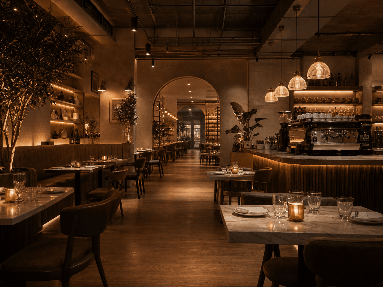 Warm restaurant and cafe interior with refined dining areas