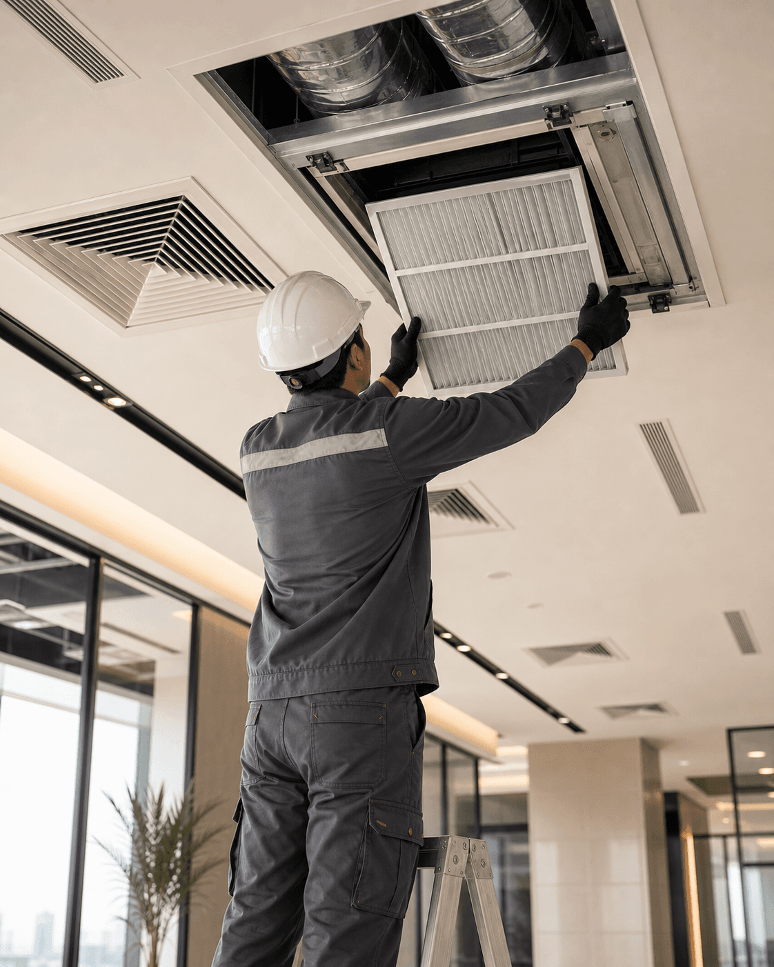 HVAC technician servicing air-conditioning and filtration ductwork