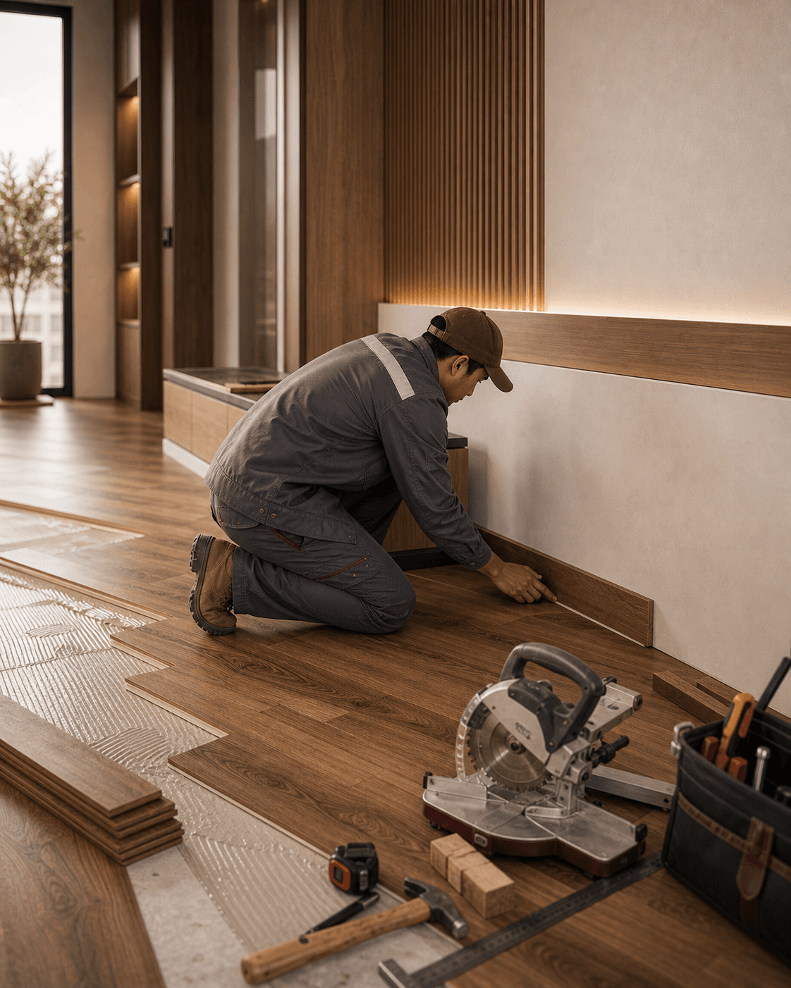 Carpenter finishing warm wood flooring with careful precision
