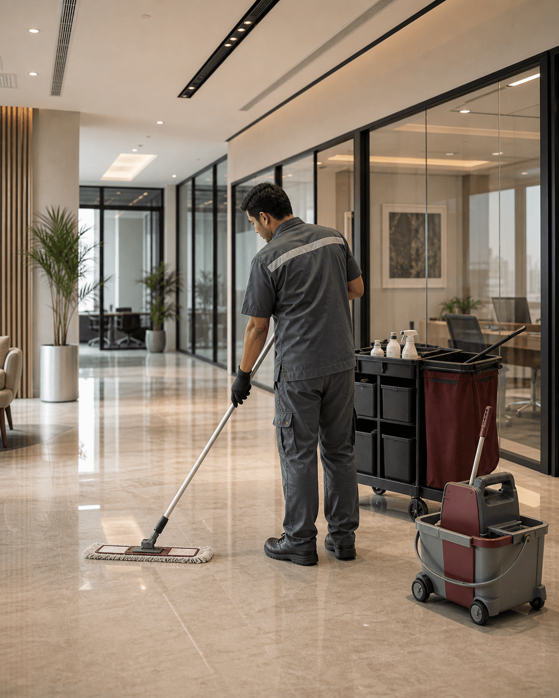 Professional cleaning team detailing a polished office interior