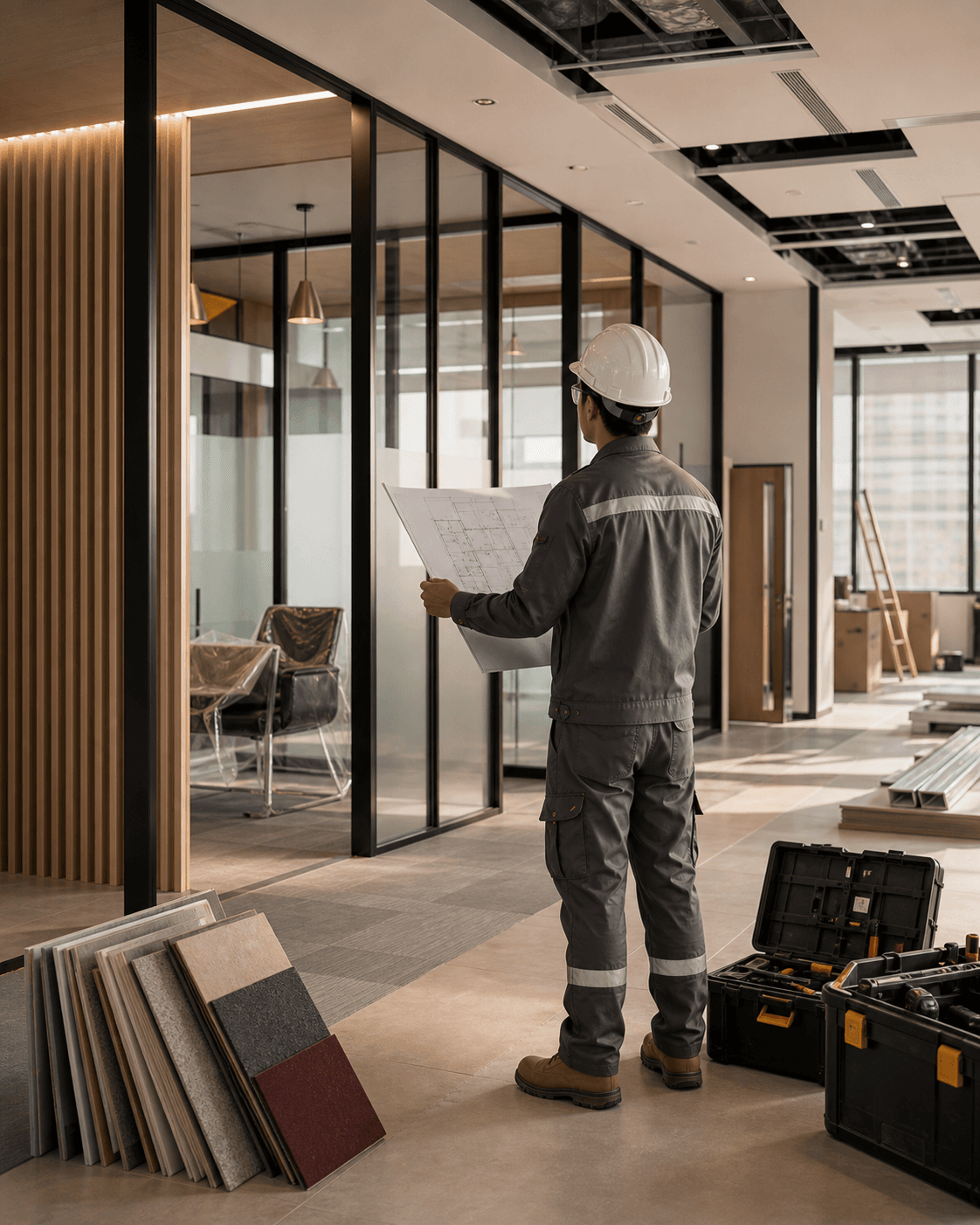 Premium office fit-out work with technicians reviewing interior finishes