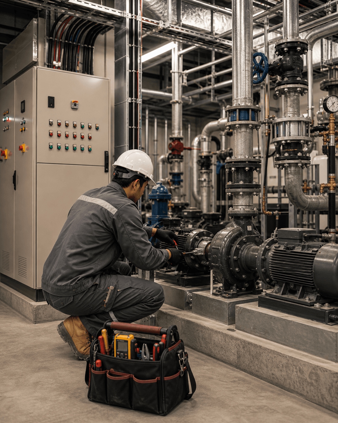 Technician installing electromechanical equipment in a technical room