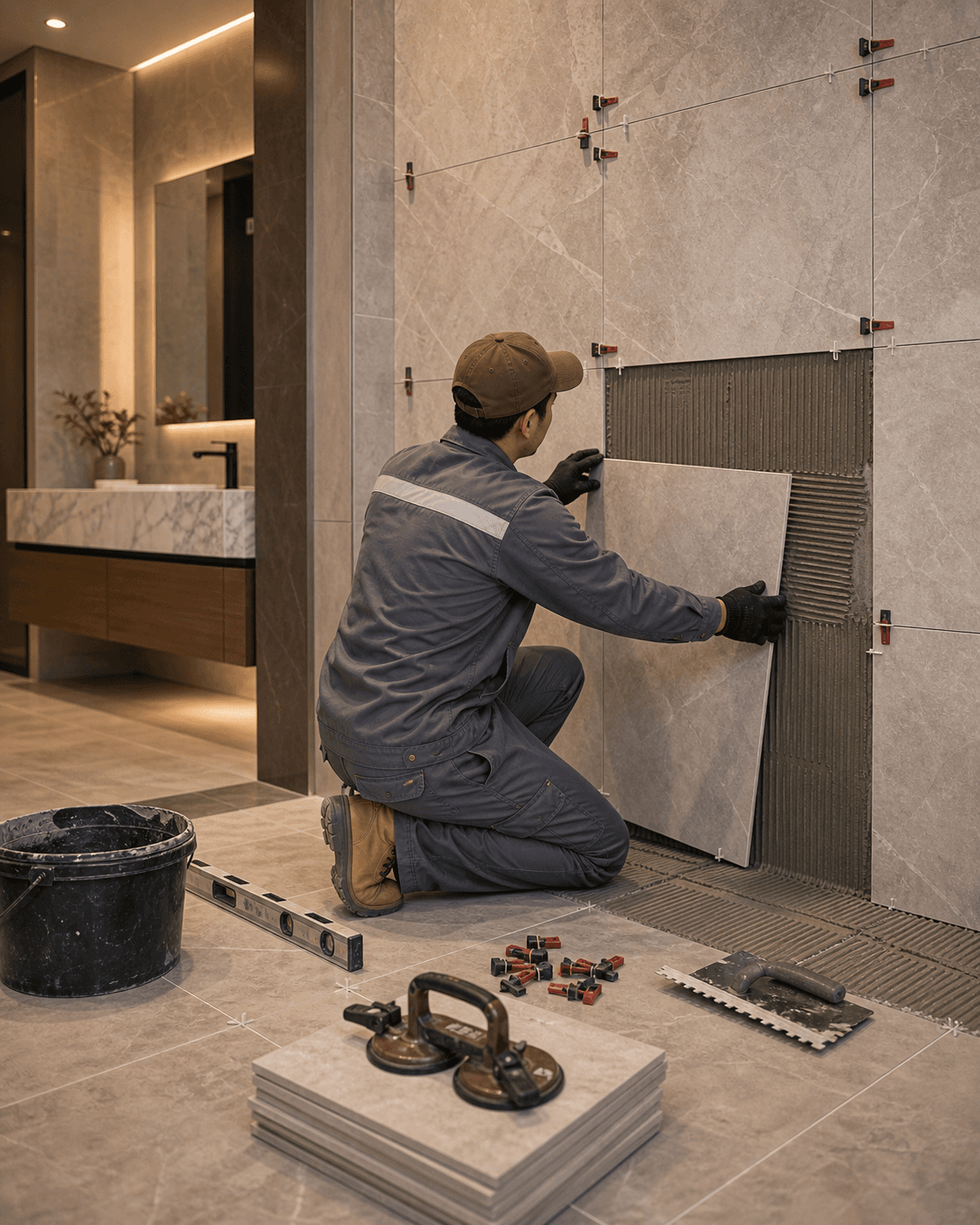 Tiler aligning floor and wall tiles with precise finishing tools