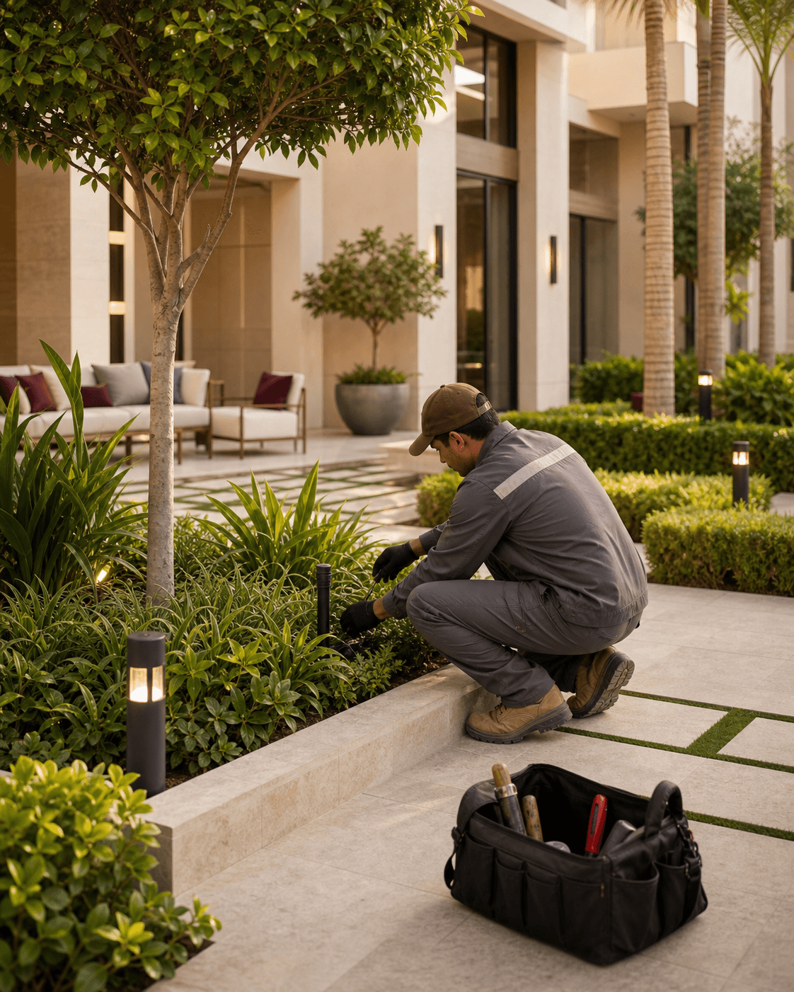 Landscaping team arranging greenery around a modern villa garden