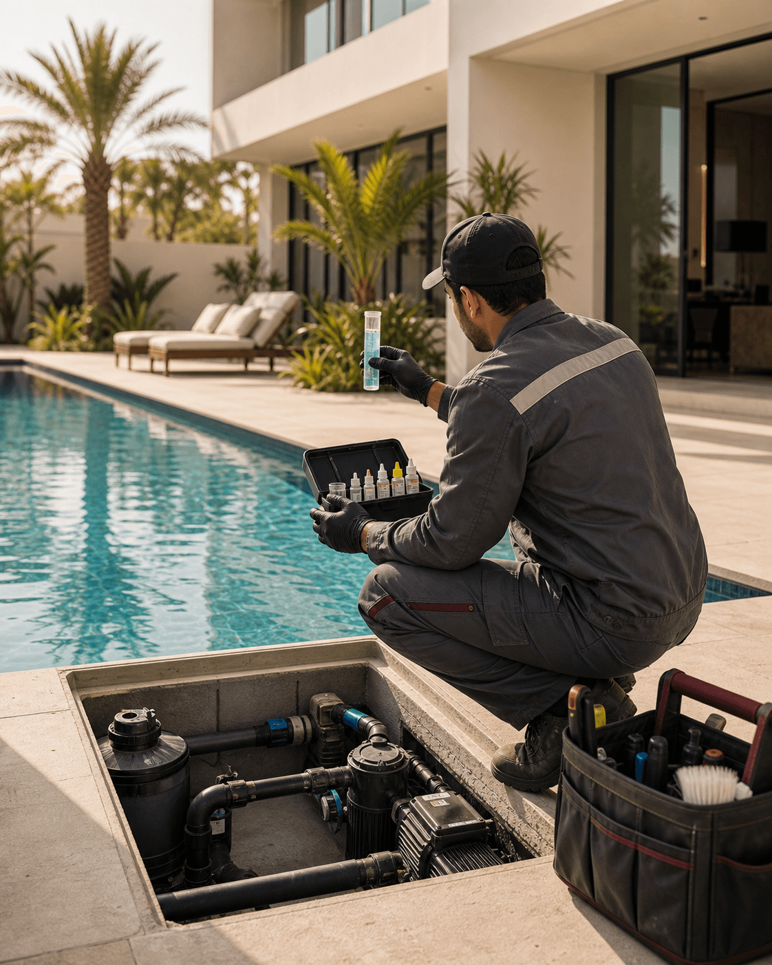 Technician maintaining a clean swimming pool beside a modern property