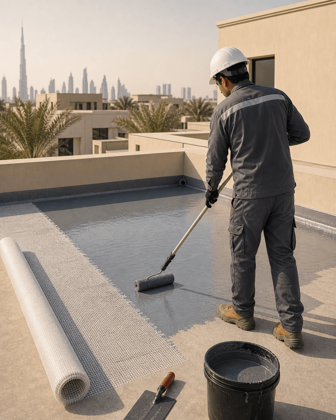 Waterproofing application on a rooftop terrace with protective coating